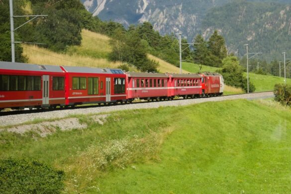 Train on the Albula_Bernina Railway Line Heading for St Moritz in Switzerland